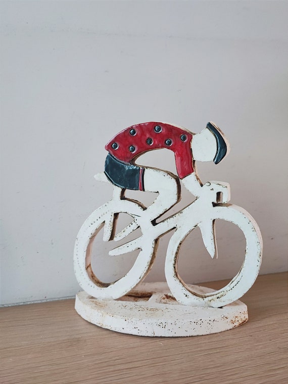 Cyclist figurine, modern cyclist sculpture, earthenware clay cyclist figure with red black clothes, racing cyclist art object
