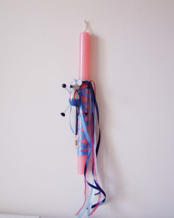 Pink Easter candle with wooden toy, yoyo mousey toy on  a pink Easter candle, children's candle with toy and satin ribbons
