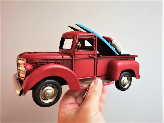 Red truck with surfboards, retro style, pick up truck miniature, red truck figurine with surfboards and life saver