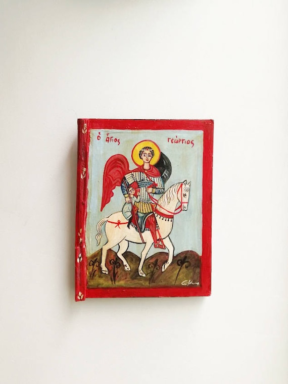 Saint George icon, vintage, St. George folk art icon, Greek St. George folk painting on salvaged wood, St. George n child folk art painting