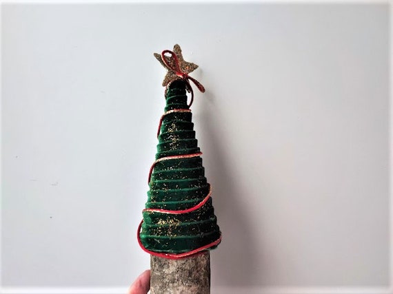 Velvet Christmas tree, rustic cone tree with wooden base and velvet fabric, boho Christmas tree ornament