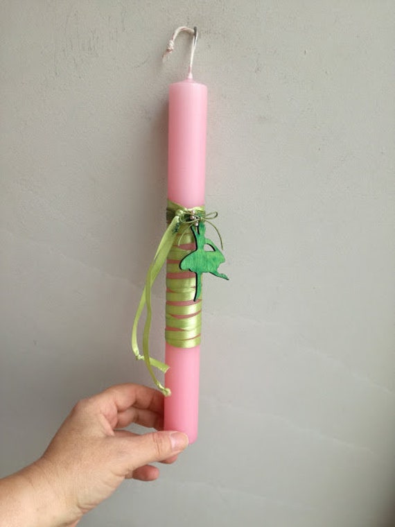 Ballerina Easter candle, pink candle with green ballerina cutout and green ribbons, Greek Easter candle for girls, ballerina Greek lambada
