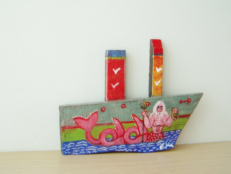 Man mermaid on wooden boat folk art shabby boat of reclaimed Etsy