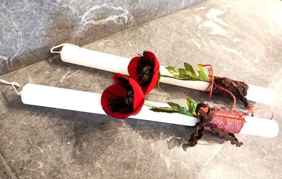 Poppy Easter candle, white candle with red poppy, artificial flower, Greek Easter candle for girls and women, flower Greek lambada