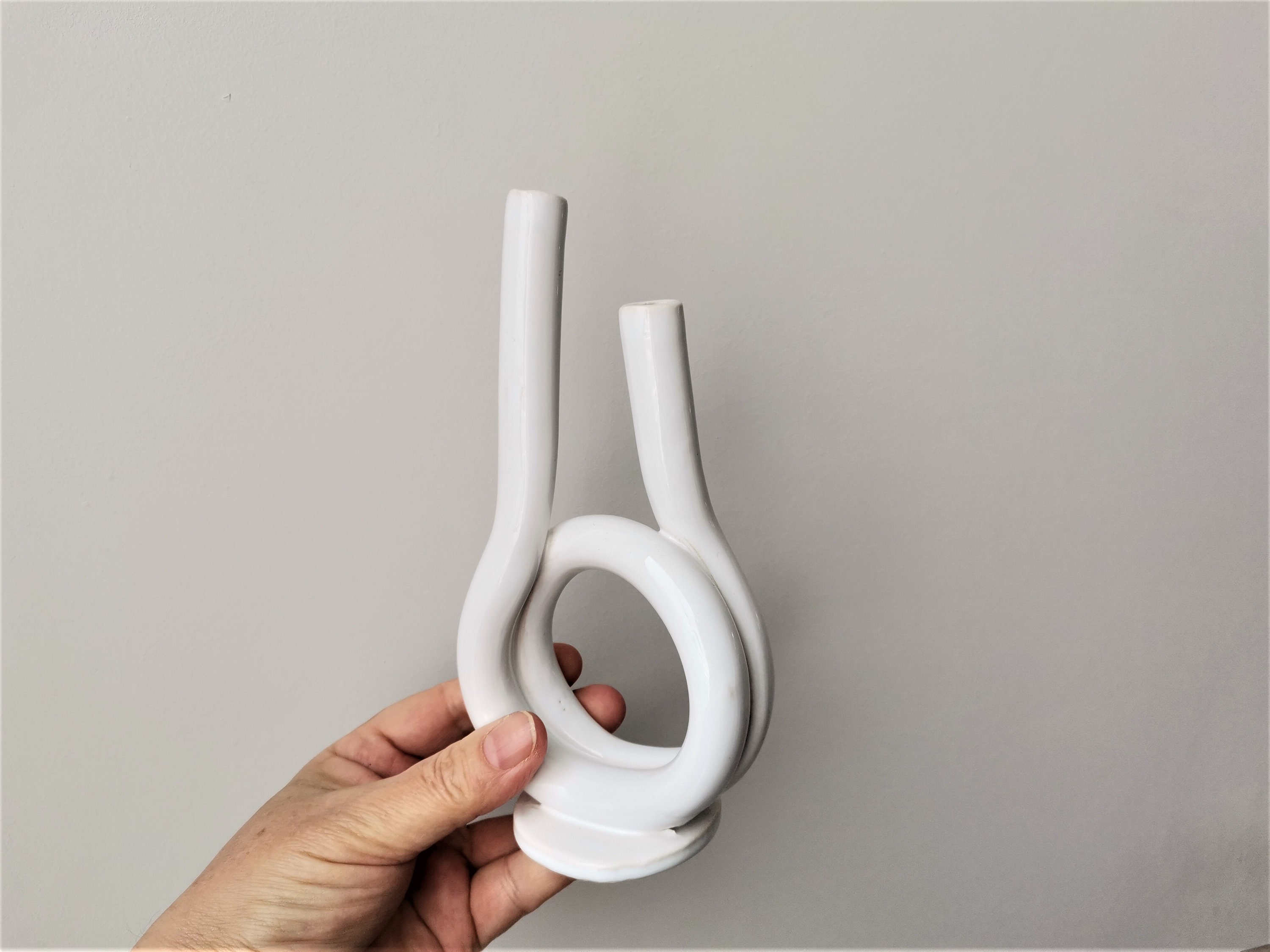 White circle vase, ceramic circle shaped vase for two flowers, milky white vase decor, hand