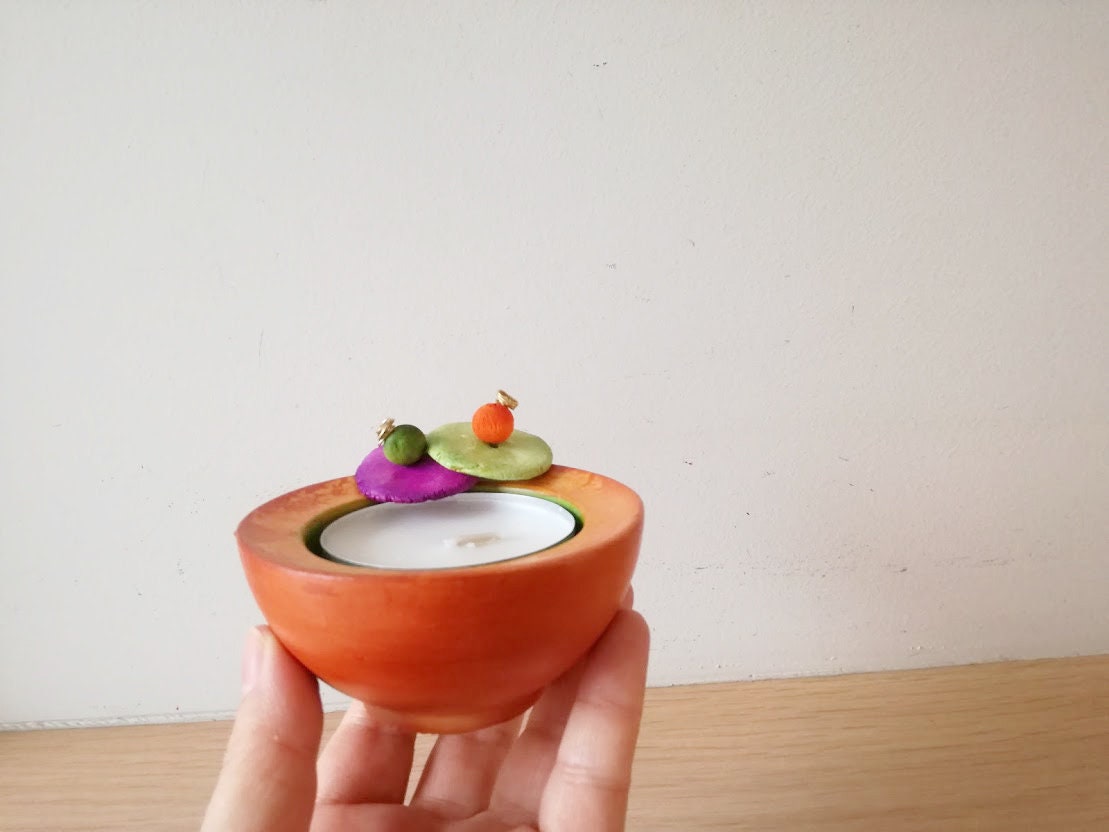 Green orange tea light holders earthenware clay handmade Etsy