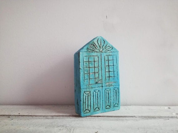 Aqua blue door sculpture, blue Greek gate, pointy, stoneware Greek house gate miniature, ceramic gate art object, traditional door gift