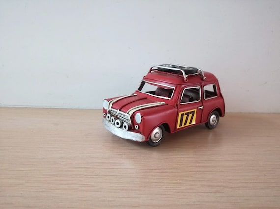 Red Mini Cooper miniature with spare tyre, vintage, collectible miniature, tin Mini Cooper replica with number '177', early nineties