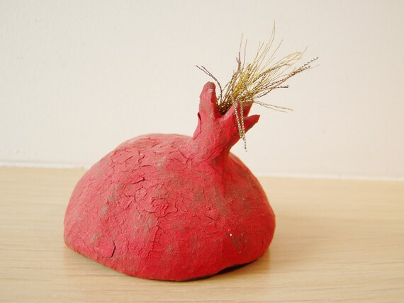 Ceramic  red pomegranate, sculpted texture, gold tassel, made to order
