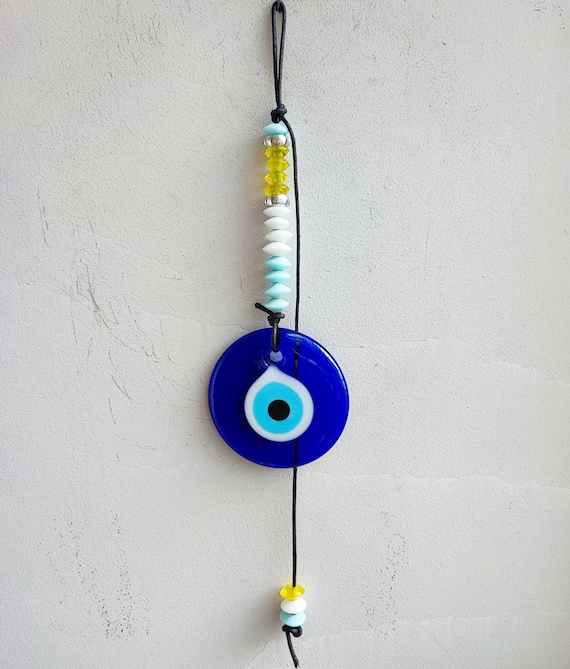 Large blue eye housecharm, hand blown glass eye in night blue with black cord and white, blue, yellow beads, traditional, Greek folk art