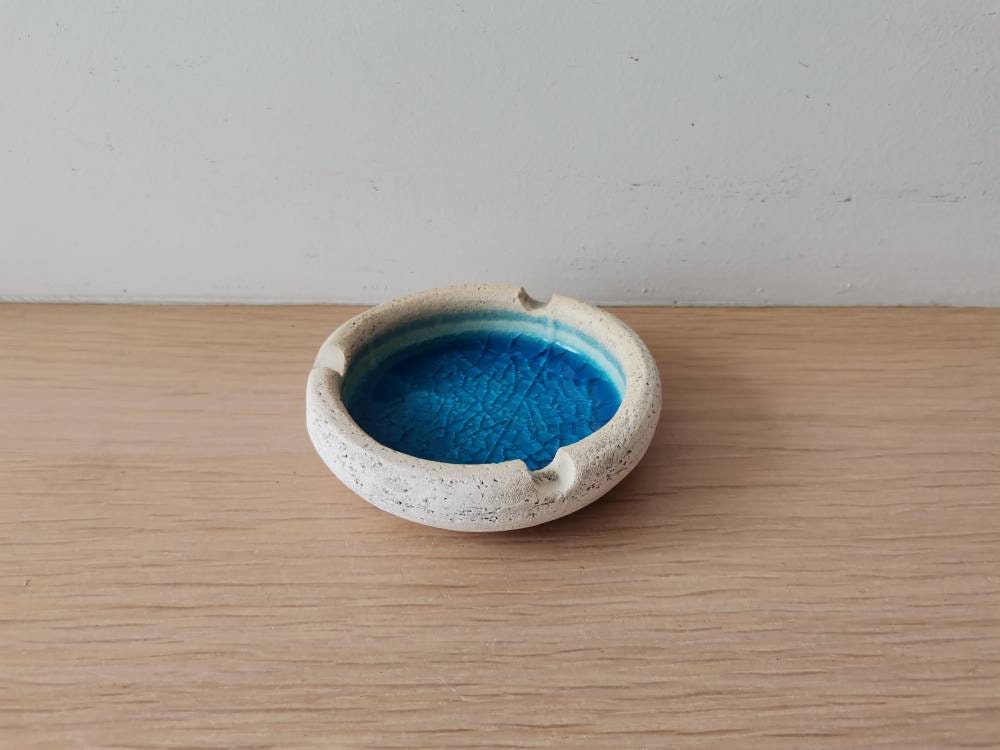 Blue ceramic ashtray, white clay ashtray in round shape, handmade