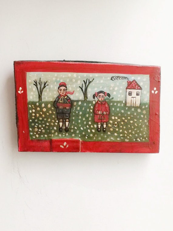 Singing carols folk painting, salvaged wood painting of kids singing carols, vintage Greek folk art, art brute on wood, Greek Xmas carols