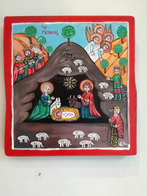 Birth of Christ icon, Nativity folk art icon, Birth of Christ folk art painting, colourful, Christmas themed wooden, Greek folk art icon