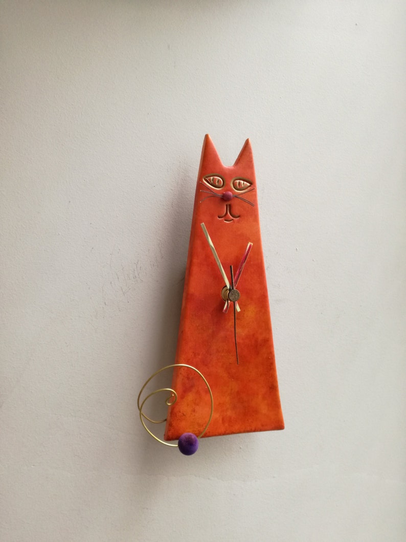 Orange Cat Clock Ceramic Wall Clock of Orange Red Cat Cone Etsy