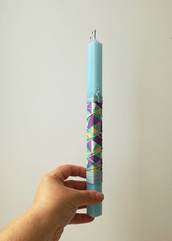 Blue Easter candle with blue cord, square candle in sky blue with printed paper and sky blue cord, boys, teens and mens Greek Easter candle