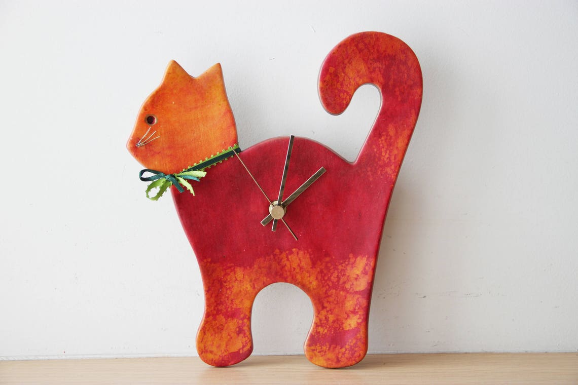 Red cat wall clock ceramic wall clock of red and orange cat Etsy