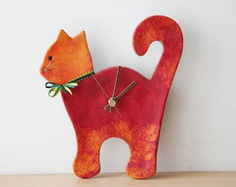 Red cat wall clock, ceramic wall clock of red and orange cat, unique, handpainted, red cat clock, nursery clock, vet's clock, red cat decor