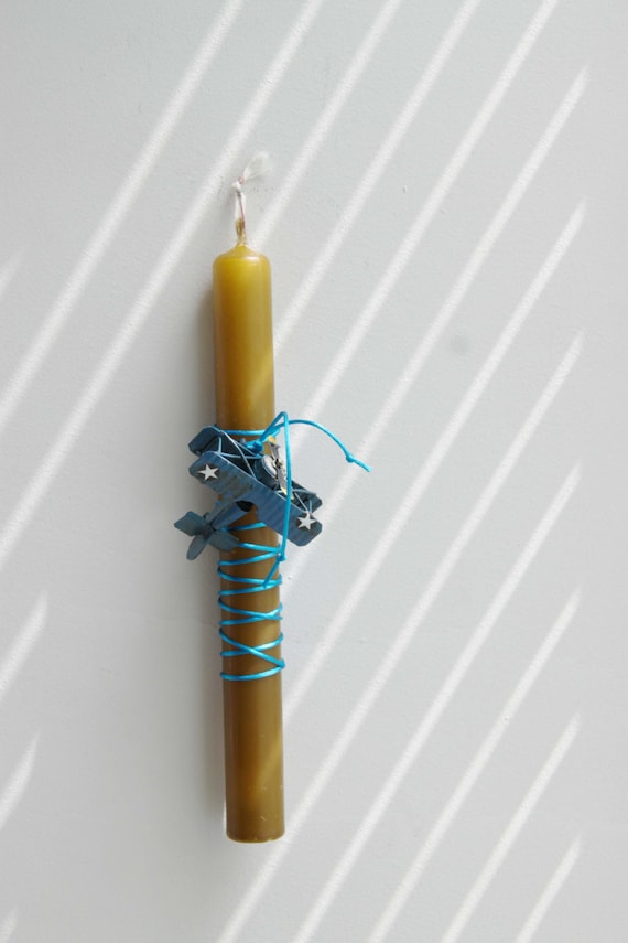 Biplane Easter candle, blue biplane miniature on olive green Easter candle, Greek Easter candle for teens and boys, boys airplane lambada