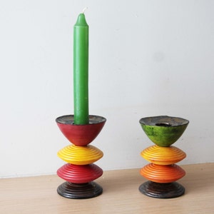 Multi coloured, earthenware candleholder, handmade and handpainted, four tiered, ceramic candlestick, red yellow brown made to order image 1