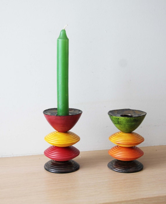 Multi - coloured, earthenware candleholder, handmade and handpainted, four tiered, ceramic candlestick, red yellow brown made to order