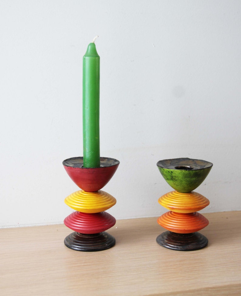 Multi coloured, earthenware candleholder, handmade and handpainted, four tiered, ceramic candlestick, red yellow brown made to order image 1