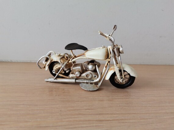 White motorbike miniature, vintage, metal miniature, Harley type motorbike, shabby decor, white Harley tin miniature,