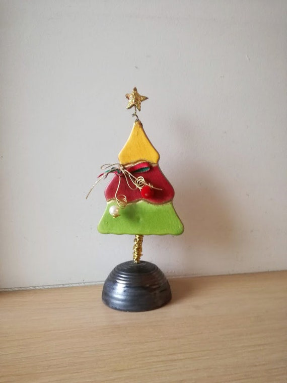 Tricolor Chistmas tree, Xmas fir tree sculpture with three color tiers, clay and wire Xmas tree miniature on brown base, Xmas tree gift