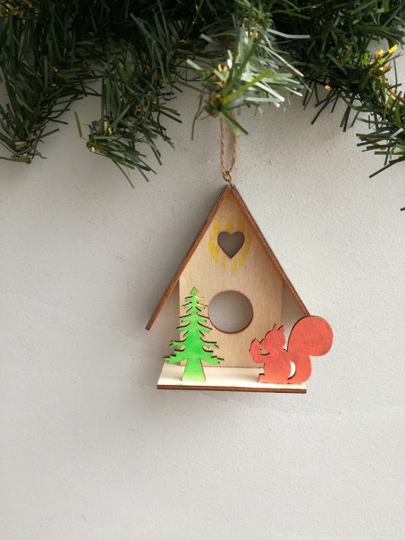 Wooden Xmas ornament, wooden house ornaments with chipmunk, colourful xmas ornament of red squirrel, woodland xmas decor, stocking stuffer