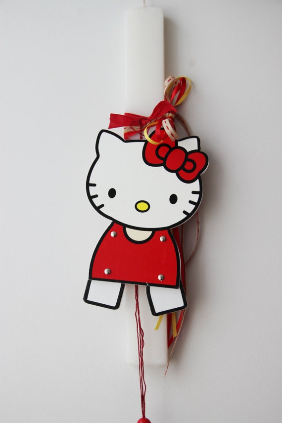 Greek Easter Candle With Hello Kitty Marionette Flat White Candle With Wooden Hello Kitty Toy Greek Lambada For Girls And Baby Girls