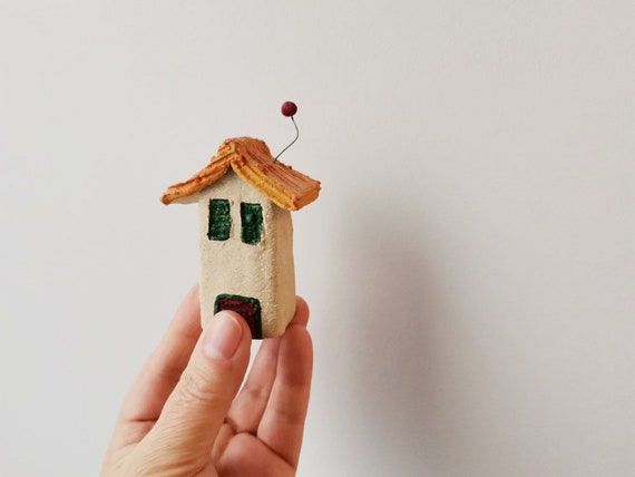 Ceramic house miniature, beige house with orange roof, cute fairy house art object