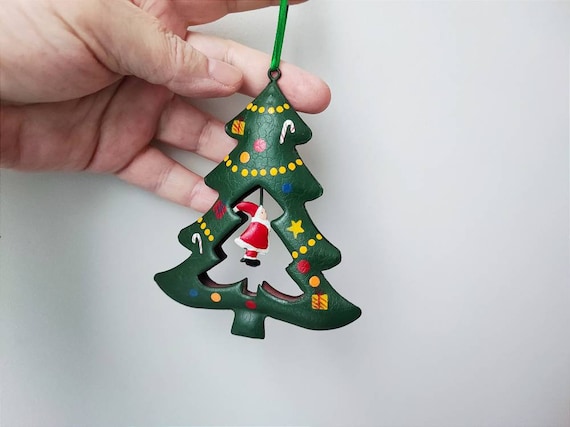 Xmas tree ornament, green, decorated xmas tree ornament, vintage style tin Christmas tree ornament