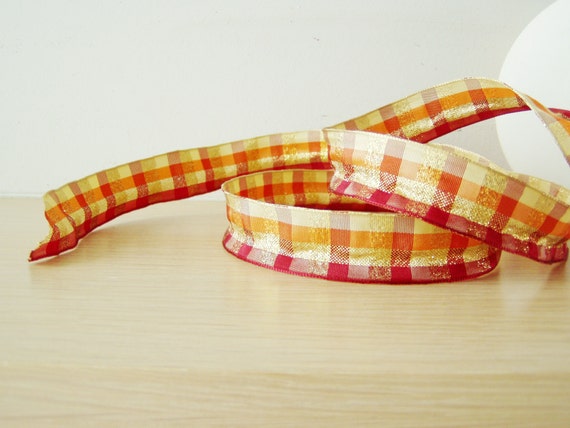 Gold plaid ribbon, Christmas crafts, wired ribbon in red, gold and orange, tartan Christmas trim ribbon, xmas polyester ribbon, 5 yards