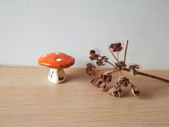 Ceramic mushroom, orange white toadstool mushroom, rustic toadstool mushroom, vintage, life size decorative mushroom, mushroom art object