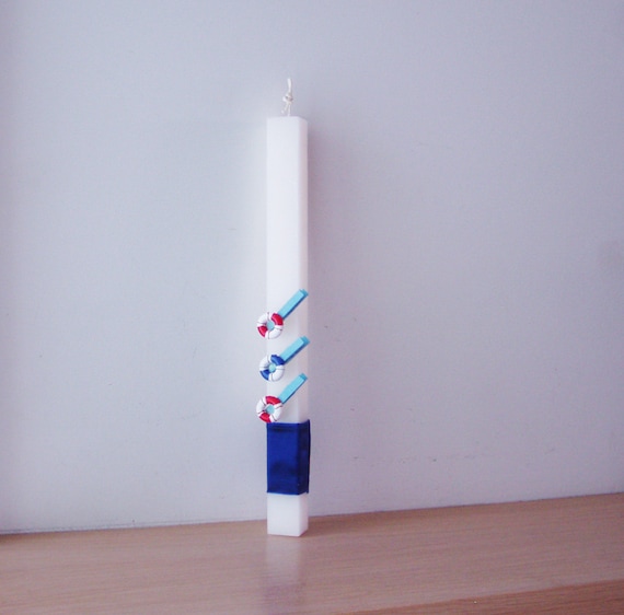 Life belt Easter candle, Greek Easter candle with life belt miniatures on mini clothespins, unisex Easter candle, white blue red lambada