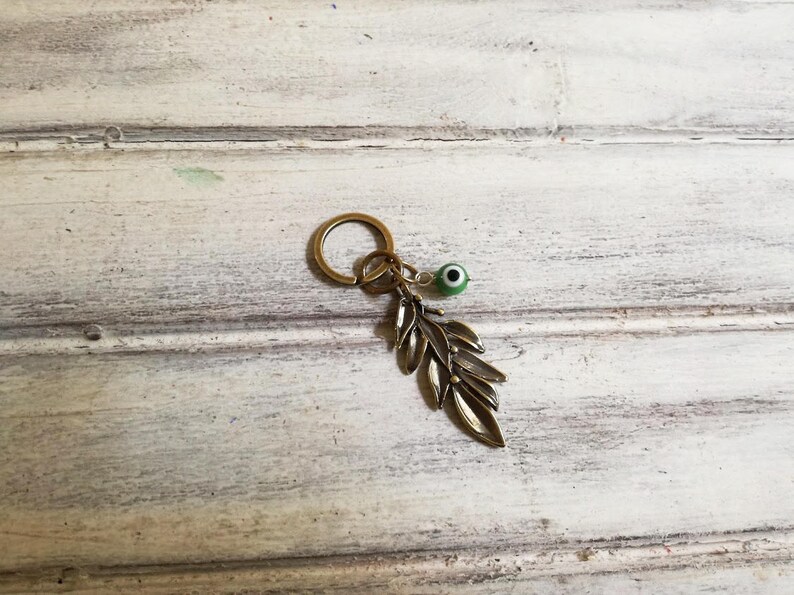 Olive Branch Keychain Brass Olive Branch With Green Eye Etsy