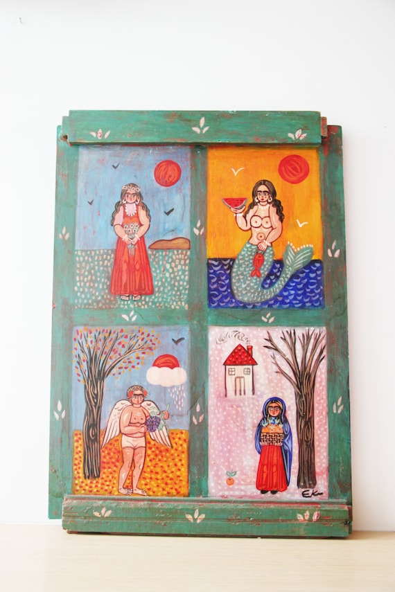 Four seasons painting, large folk art painting on wood, Greek folk art, vintage painting on salvaged wood, winter-spring-summer-fall