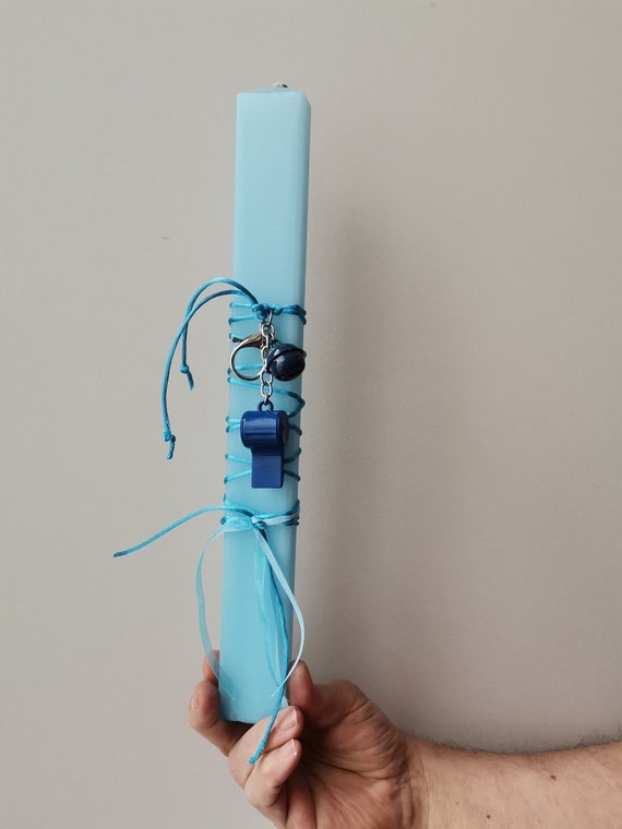 Whistle Easter candle, boys' Greek Easter candle with blue whistle, sky blue candle with metal whistle key chain, whistle teens candle