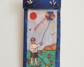 Kite flying painting, fok art wooden painting of boy flying kite, Greek folk art painting on salvaged wood, retro rustic decor