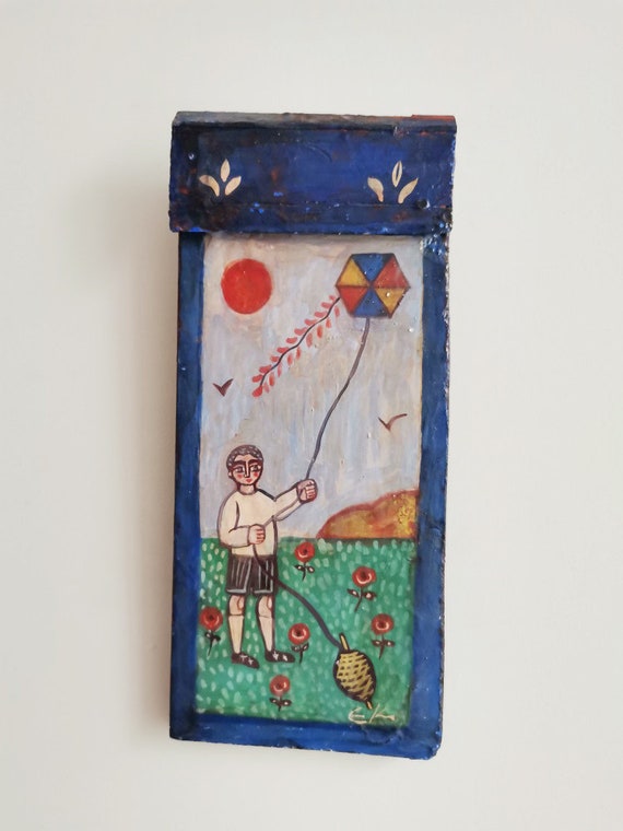 Kite flying painting, fok art wooden painting of boy flying kite, Greek folk art painting on salvaged wood, retro rustic decor