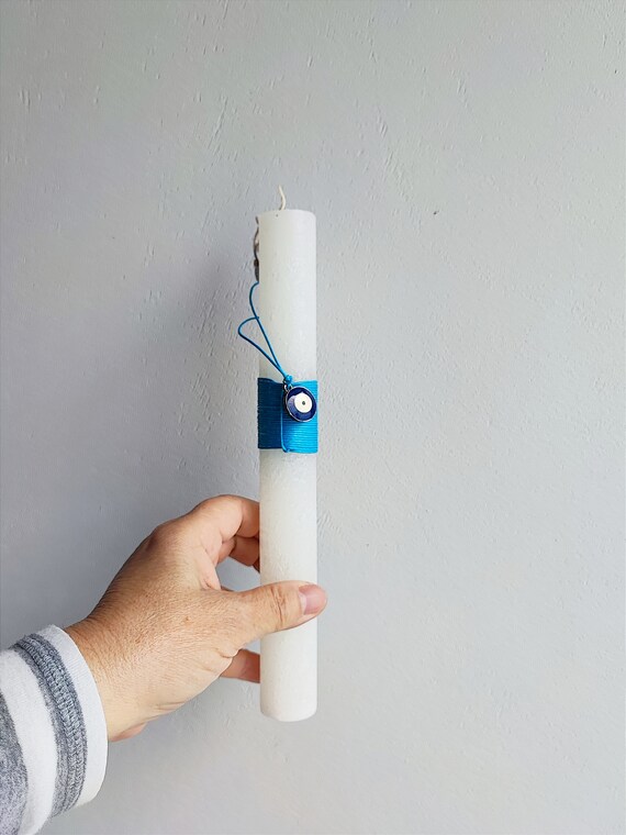 Eye Greek Easter candle, short, thick, white candle with blue eye charm and blue cord, minimalist, Easter candle
