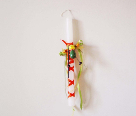 Greek Easter candle with wooden toy, yoyo birdie toy in yellow and green on white, kids' candle, Greek lambada, babies' Easter candle