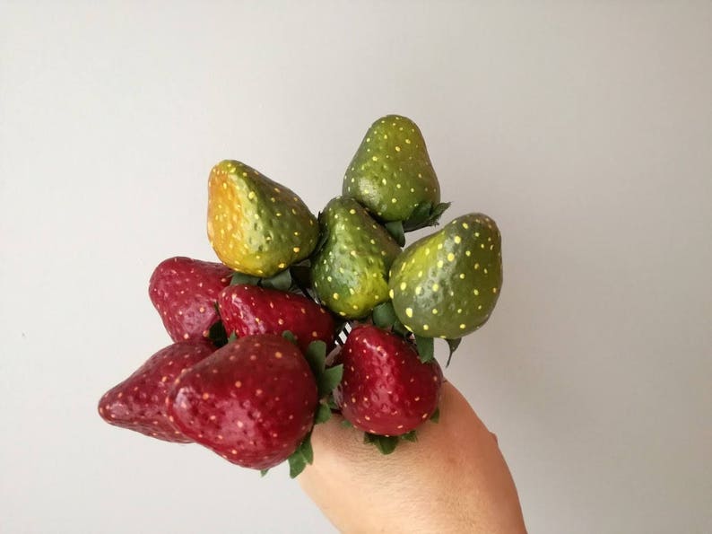 life size red and geen strawberries supplies set of ten polyester strawberries for wreaths and craft making Strawberries with wire stem