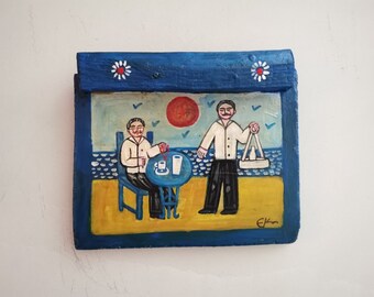 Sea side cafe folk painting, vintage folk art on salvaged wood of cafe customer and waiter serving, vintage Greek folk art, early nineties