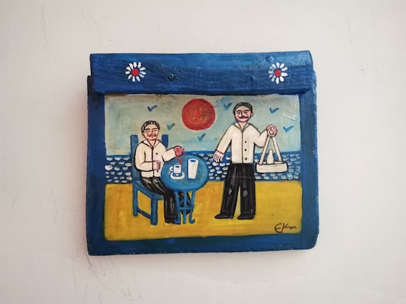 Sea side cafe folk painting, vintage folk art on salvaged wood of cafe customer and waiter serving, vintage Greek folk art, early nineties