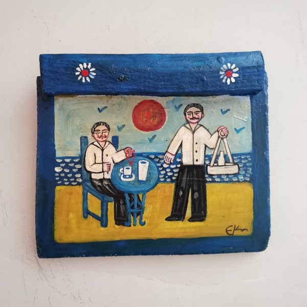 Sea side cafe folk painting, vintage folk art on salvaged wood of cafe customer and waiter serving, vintage Greek folk art, early nineties