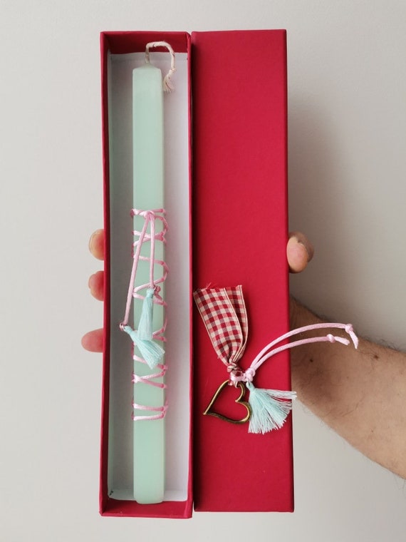 Easter candle in a box, red paper box with brass heart charm and short, minty candle with pink cord, Easter candle for teens and women