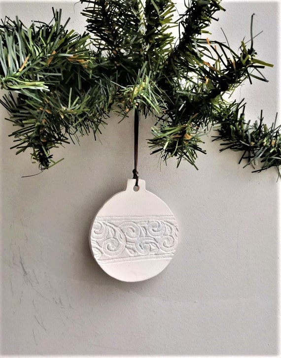 Christmas bauble ornament, ceramic white bauble outline, off white, two dimensional Xmas tree ball ornament