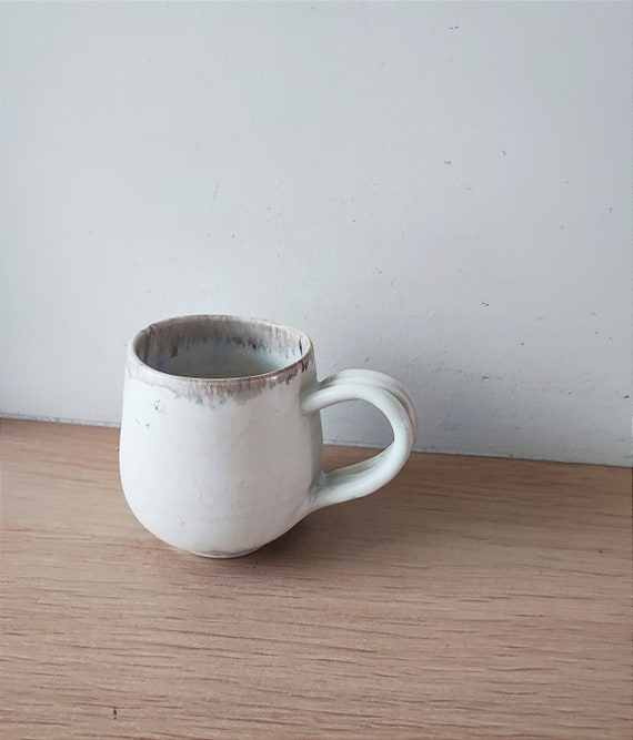 Beige coffee mug, stoneware clay, beige white mug with brown rim,  large coffee or tea cup