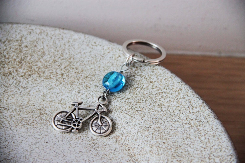 Silver Bicycle Keychain Alloy Bike Charm With Blue Glass Bead Etsy