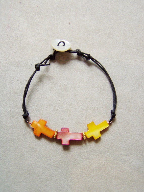 Pearly sideways crosses bracelet on a gold bar, with black cord, motherpearl cross bracelet, colourful friendship bracelet, boho hippie cuff